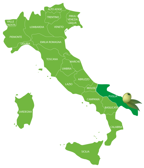 Karte von Italien. Olivenregion Apulien.